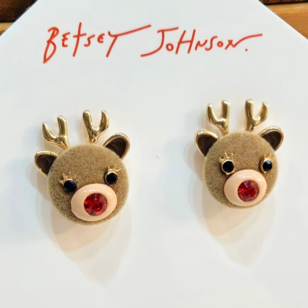 BETSEY JOHNSON Christmas Fluffy Felt Rudolph Red-Nosed Reindeer Earrings NEW NWT